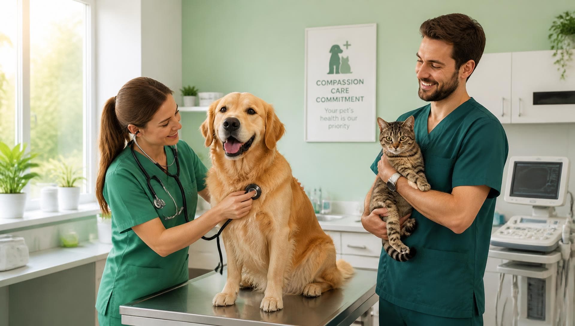 Equipe veterinária cuidando com carinho de cachorro e gato